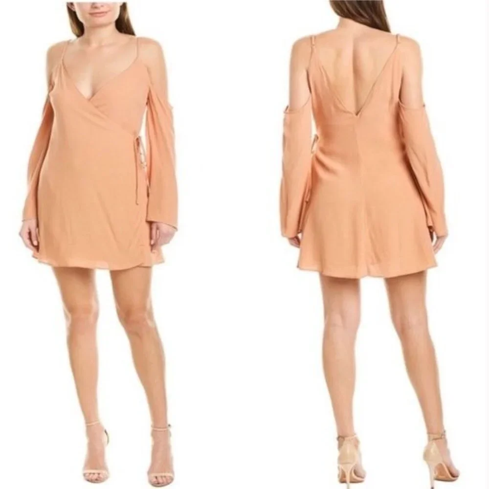 Lovers + Friends Love Letter Wrap Dress Tan small cold shoulder
